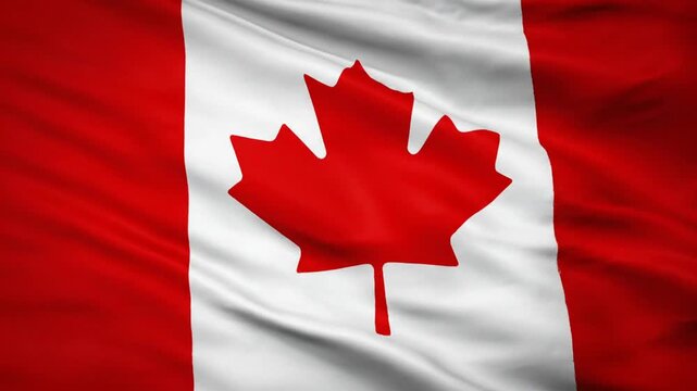 The Canadian flag waves with a red maple leaf on white and red background