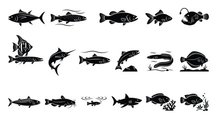 Fototapeta premium Collection of diverse fish species silhouettes perfect for illustrating fishing guides, educational content, seafood packaging, aquarium branding, and marine wildlife conservation campaigns
