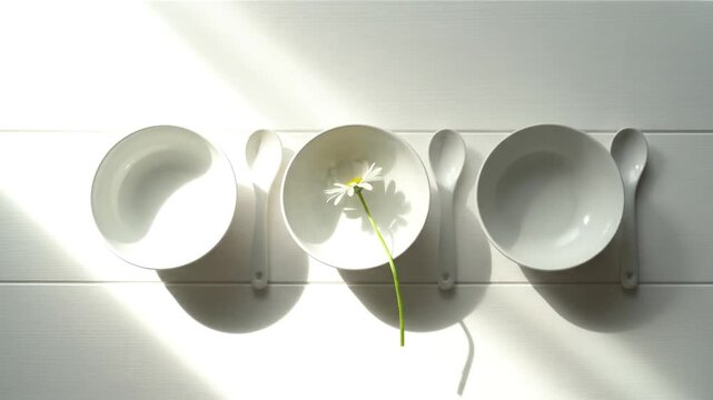 A hand gently places a white daisy into the center bowl of a minimalist table setting under bright, direct sunlight, creating a serene and clean aesthetic.