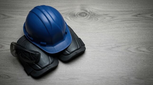 Safety, hard hat, construction, helmet, PPE, protection, industry equipment including black knee pads and safety glasses on grey wood background with copy space for text.