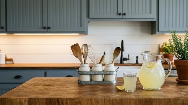 kitchen, lemonade, interior, farmhouse, home, wooden, pitcher of fresh lemonade on a butcher block island in a modern rustic kitchen with blue shaker cabinets and shiplap.