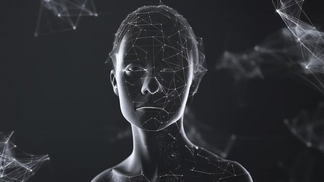 A grayscale depiction of a person's face overlaid with a network of interconnected lines