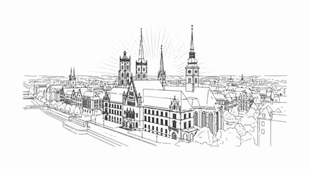 Fototapeta premium Detailed ink sketch of a sprawling European cityscape with multiple spires and buildings