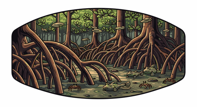 Pixelated mangrove forest with tangled roots, fish, and crabs