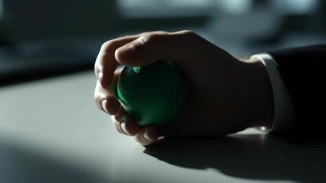 Hand squeezing a green stress ball at desk, relief concept