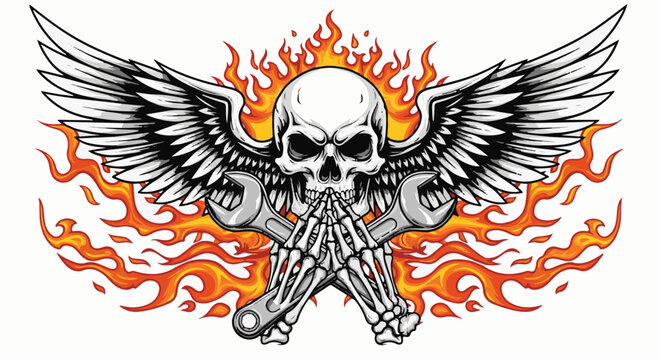 Skulls with wings, wrenches, and flames