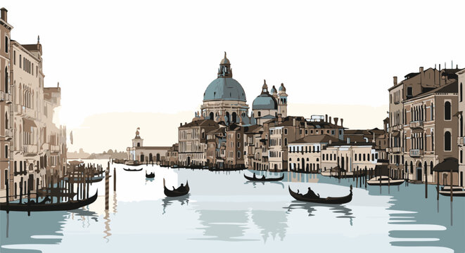 Stylized illustration of Venetian canal with gondolas and domed basilica