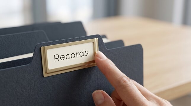 Woman finger touching records label on hanging file folder in office. Organization of business document and archive management. Professional filing system for administrative storage.