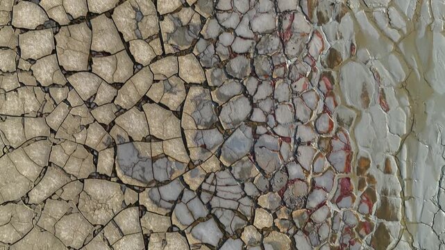Aerial view of cracked earth textures and colorful mineral deposits on a dry surface in Minas de Riotinto, Andalusia, Spain.