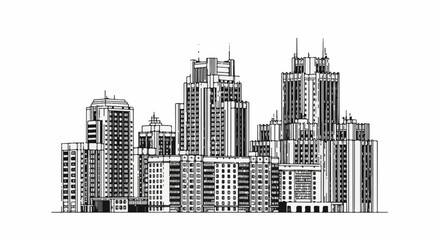 Fototapeta premium Black and white sketch of an urban skyline with distinct geometric skyscraper architecture