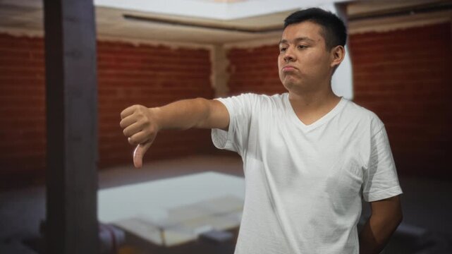 Man showing thumbs down with outstretched arm and visible thumb inside building interior with brick wall; disapproval critique.