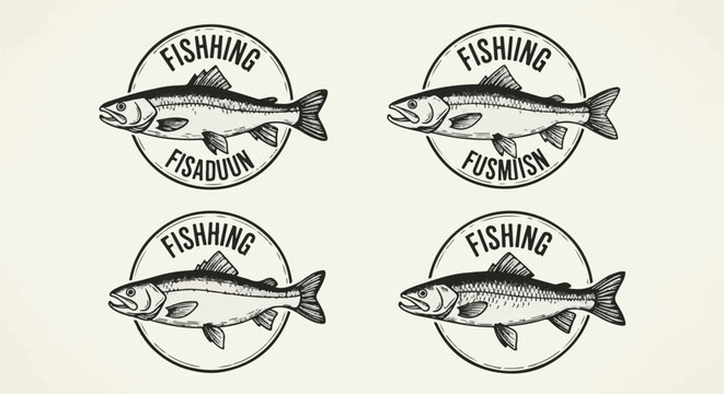 Vintage fishing logos feature fish in circular frames