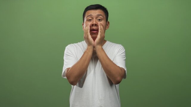 Young hispanic man cupping hands to mouth shouting in green studio, facing forward with open mouth and intense expression; surprise.