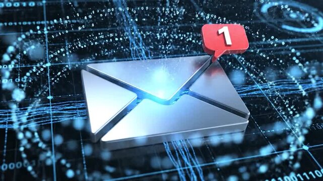 A digital envelope icon with a notification bubble indicating a new message, set against a background of binary code and abstract data streams