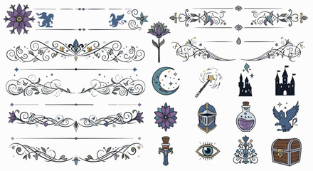 Naklejka premium Whimsical fantasy elements with decorative borders, castles, and mythical creatures