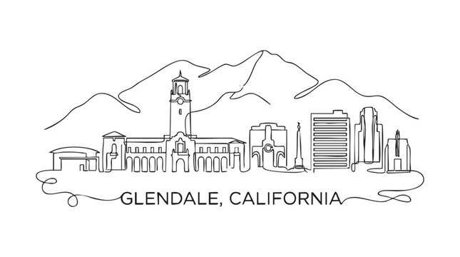 Minimalist single line of the Glendale California skyline with ink engraving black png
