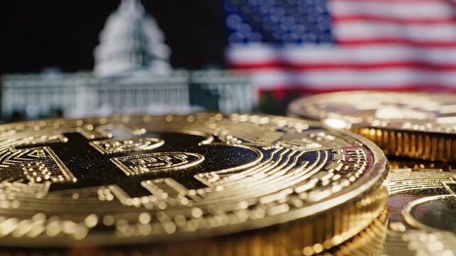 A video showcasing Bitcoin coins in front of the US Capitol building and American flag at night