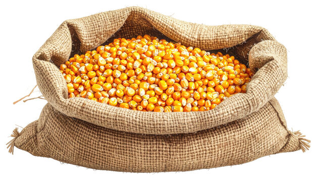 Burlap sack overflowing with bright yellow corn kernels, rustic and full