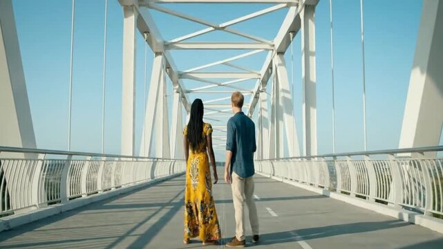 A man and a woman meet in the center of a striking white bridge before walking their separate ways toward opposite horizons under a bright, cloudless sky.