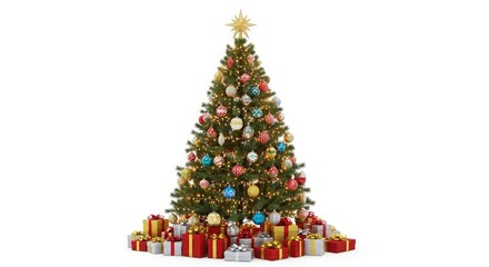Naklejka premium Festive christmas tree with colorful ornaments and presents below holiday season