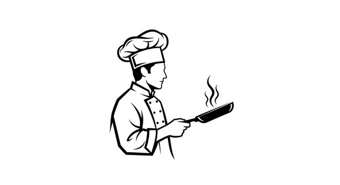 Chef in uniform holding a frying pan with steam.