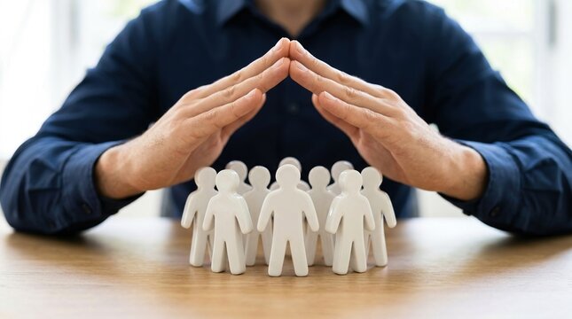 insurance protection people support safety group care concepts. Close-up of businessman hands sheltering small white human figurines to symbolize life security and employee welfare.