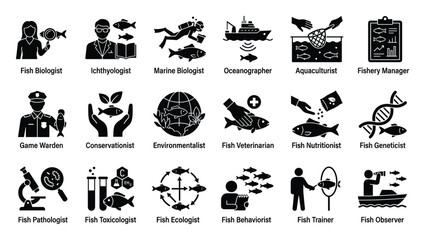 Obraz premium This extensive set of fish related professional icons represents diverse roles in marine biology, aquaculture, and conservation, perfect for educational resources and environmental project