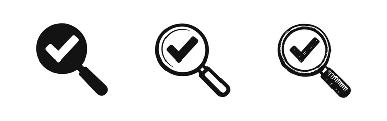 Magnifying glass with checkmark icon set in solid, outline, and hand-drawn styles, representing successful search or verification © drawing lines