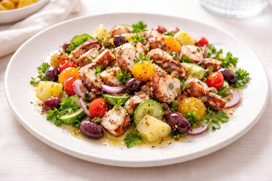 Insalata di polpo grigliato con patate lesse pomodorini olive nere e cipolla rossa su piatto bianco. Generative AI 