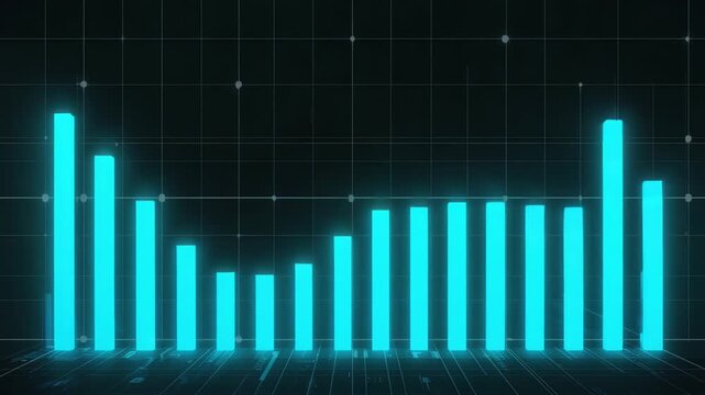 Neon cyan data bars rise and fall on futuristic interface