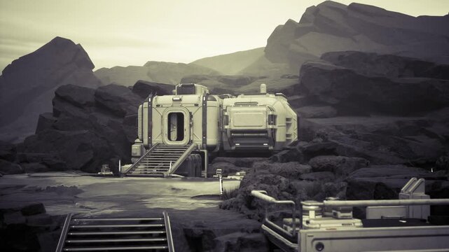 Storage tanks and conduits visible around modular station. Resupply facility situated near rocky rise with visible infrastructure and solar energy panels