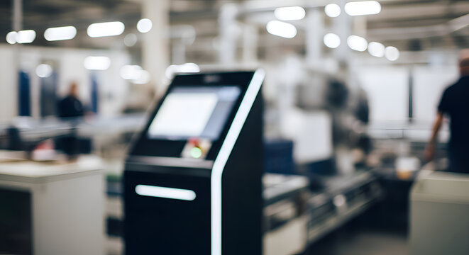Self-service kiosk in industrial setting.