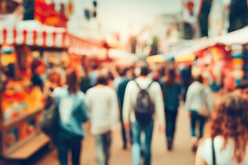 Fototapeta premium A blurred image of people walking through a busy outdoor market or street fair with vibrant stalls on either side.