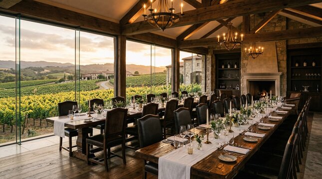 Elegant fine dining room inside a vineyard estate, featuring long solid ancient timber tables and glass walls showcasing lush grapevines.
