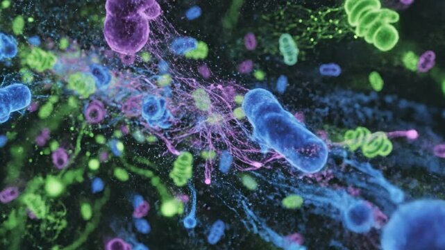 Microscopic video footage of various bacteria forms and structures.