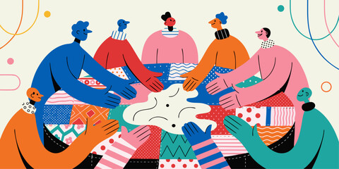 Obraz premium A colorful illustration of diverse people joining hands in a circle, symbolizing unity and teamwork.