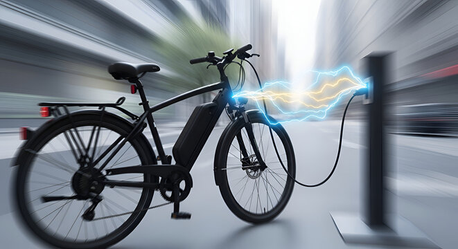 Electric bicycle charging on urban street.