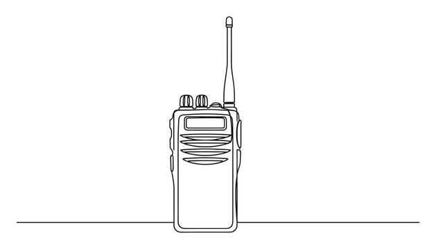 A single continuous line drawing of a modern walkietalkie radio transceiver for depicting seamless communication technology and security concepts