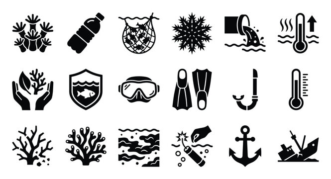 Essential icon collection depicting ocean conservation, marine ecosystem threats, underwater diving activities, and aquatic environmental challenges for educational and awareness programs