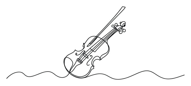Dynamic one line drawing of a classical string instrument violin and its bow perfect for presentations, event invitations, music school promotions, or performance posters.