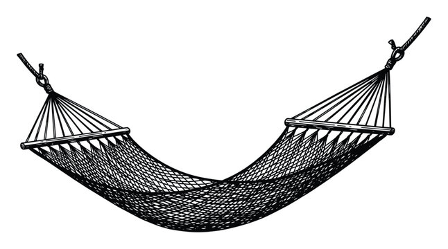 Classic black outline drawing of an empty traditional rope hammock with spreader bars for a relaxing outdoor leisure vacation getaway or comfortable summer rest activity