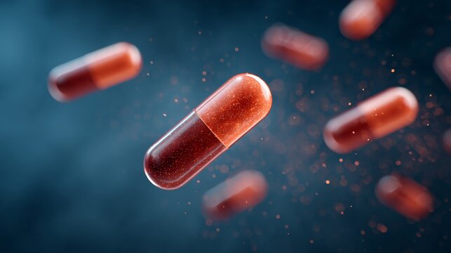 Red pharmaceutical capsules floating and dispersing particles against a blue background, illustrating concepts of medicine, healing, drug delivery, and scientific research in healthcare