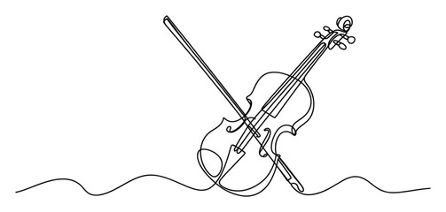 Obraz premium Elegant continuous line drawing of a classic violin and bow, perfect for music academy promotions, concert posters, or musical instrument themed presentations and educational resources