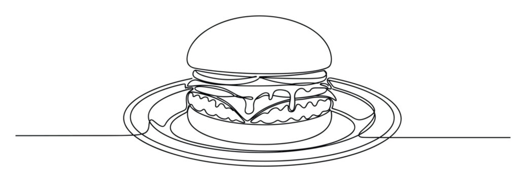 Abstract continuous line drawing of a gourmet burger on a serving plate ideal for minimalist culinary branding and quick service restaurant visuals