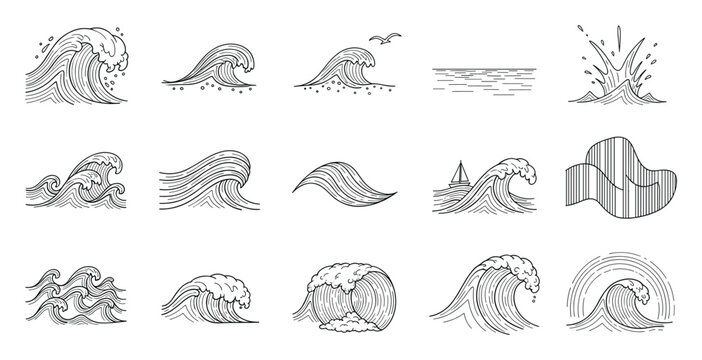 A collection of dynamic hand drawn ocean waves and water splashes perfect for marine themed graphics, environmental awareness projects, or surf related visual content