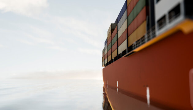 Container ship with colorful freight containers on open sea