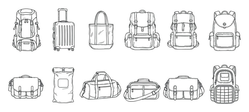 Various hand drawn travel bags and luggage including durable backpacks, rolling suitcases, versatile duffle bags, and casual tote bags, perfect for adventure, journey, school, and tourism