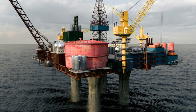 Offshore oil platform with drilling equipment at sea under cloudy sky