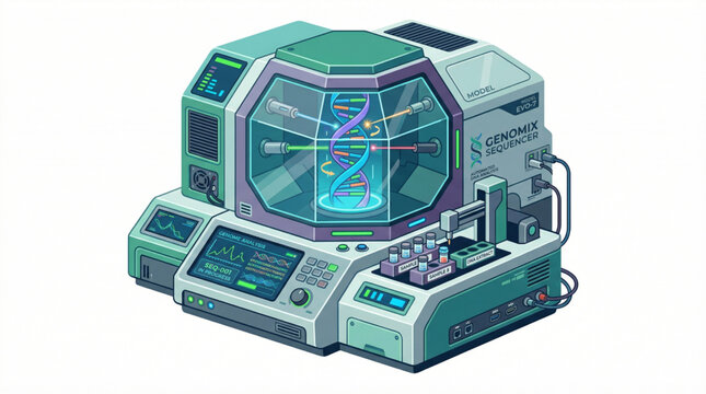 Flat isometric futuristic DNA sequencing machine isolated on white