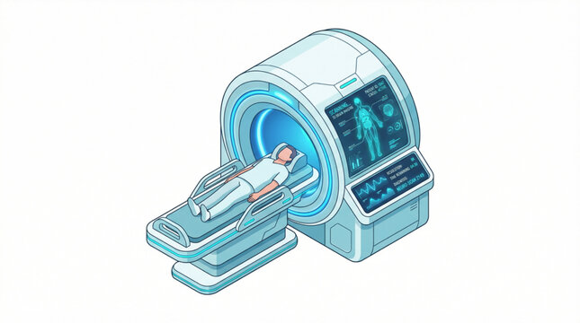 Flat isometric futuristic medical MRI scanner bed isolated on white